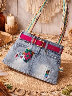 Handmade Upcycled Denim Floral Patch Mini Skirt Rainbow Strap Shoulder Bag